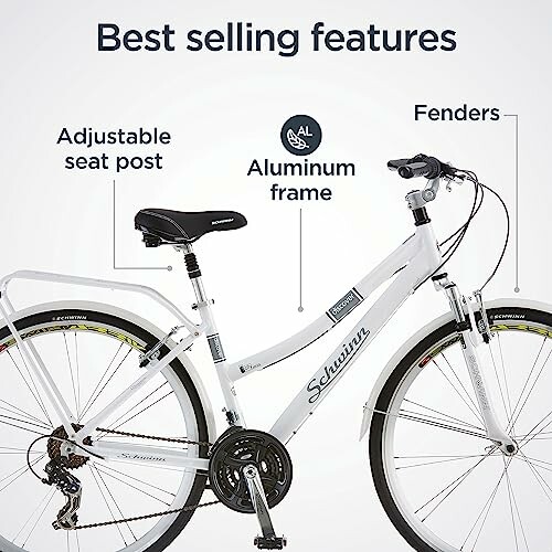 White bicycle with adjustable seat post, aluminum frame, and fenders.