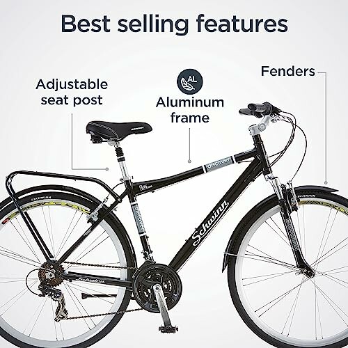 Bicycle with aluminum frame, adjustable seat post, and fenders.