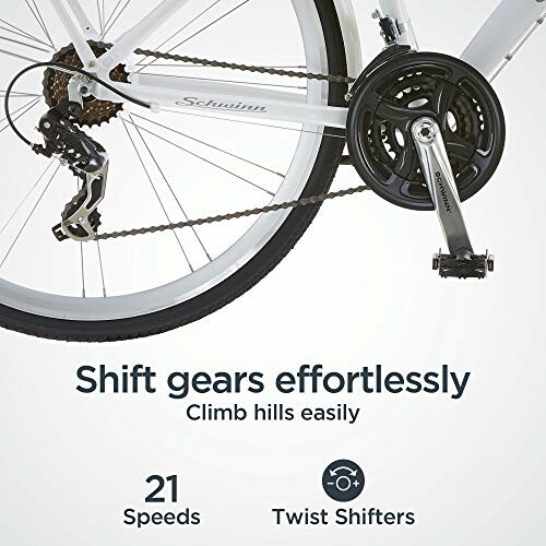 Close-up of a bicycle gear system with text promoting easy gear shifting and 21 speeds.