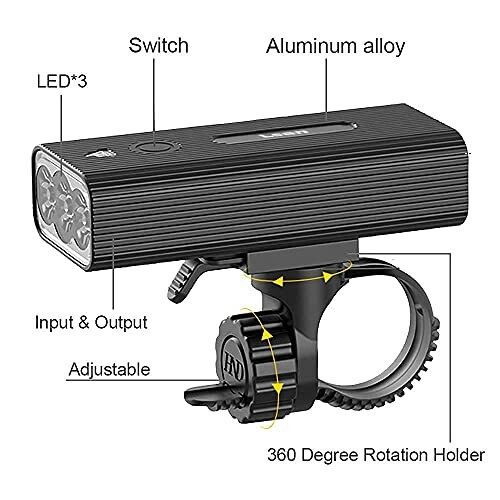 Bicycle light with 360-degree rotation holder, switch, LED, and input/output features.