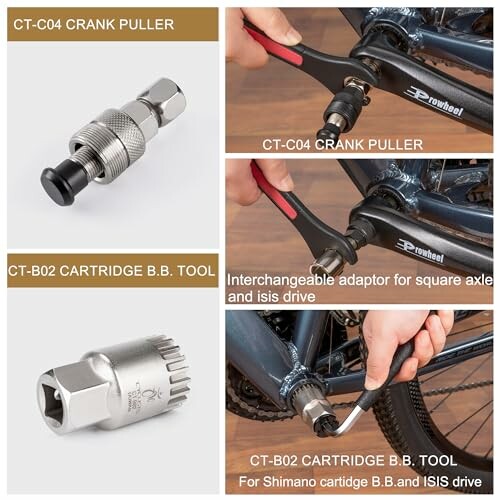 Tools for bicycle maintenance including crank puller and cartridge B.B. tool.