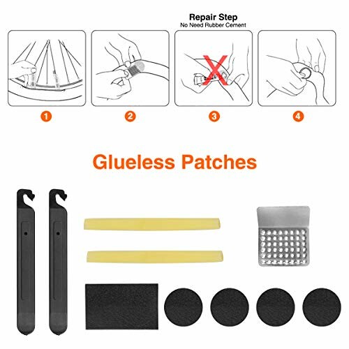 Bicycle tire repair kit with glueless patches and tools.