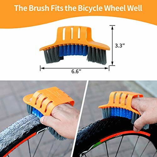 Bicycle wheel cleaning brush with ergonomic handle and bristles.