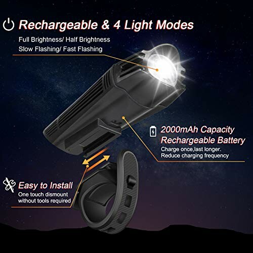 Rechargeable bike light with four light modes and 2000mAh capacity.