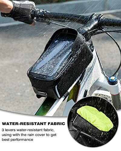 Bike phone mount with water-resistant fabric and rain cover.