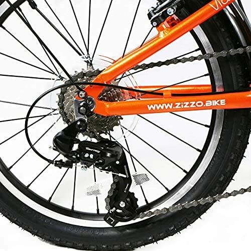 Close-up of a bike's rear wheel and gear system.