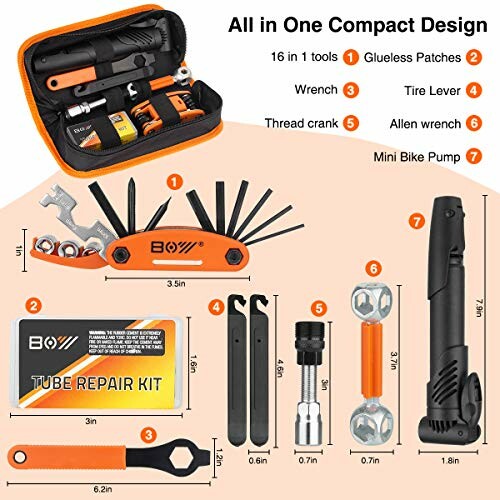 Compact bike repair tool kit with 16 tools, including wrenches, tire levers, and a mini pump.