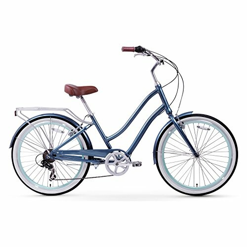 Blue cruiser bicycle with brown seat and handlebars