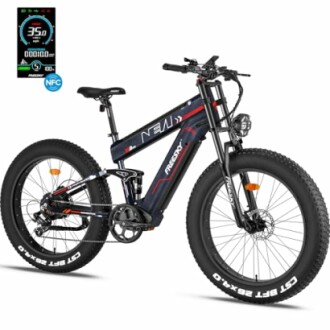 Electric mountain bike with digital display and fat tires.