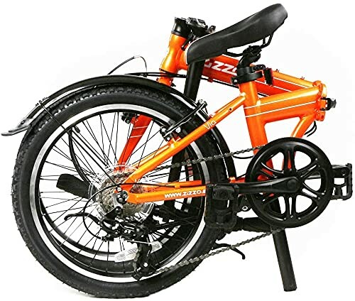 Folded orange bicycle with a black seat and tires.