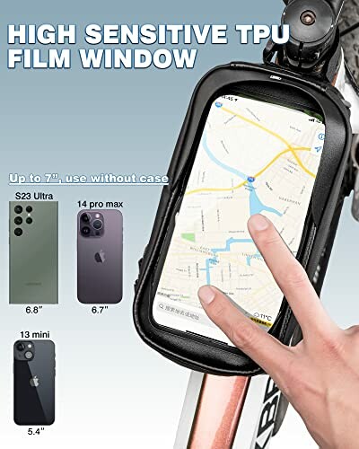 Bike phone holder with high sensitive TPU film window, compatible with various smartphones.