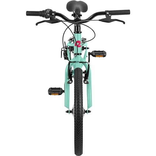 Front view of a turquoise children's bicycle.