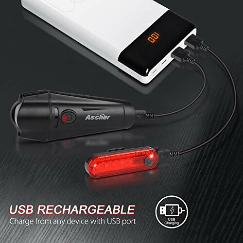 USB rechargeable bike light connected to a power bank.